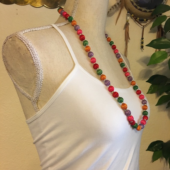 Vintage bright color silk wrapped bead necklace - Picture 2 of 7